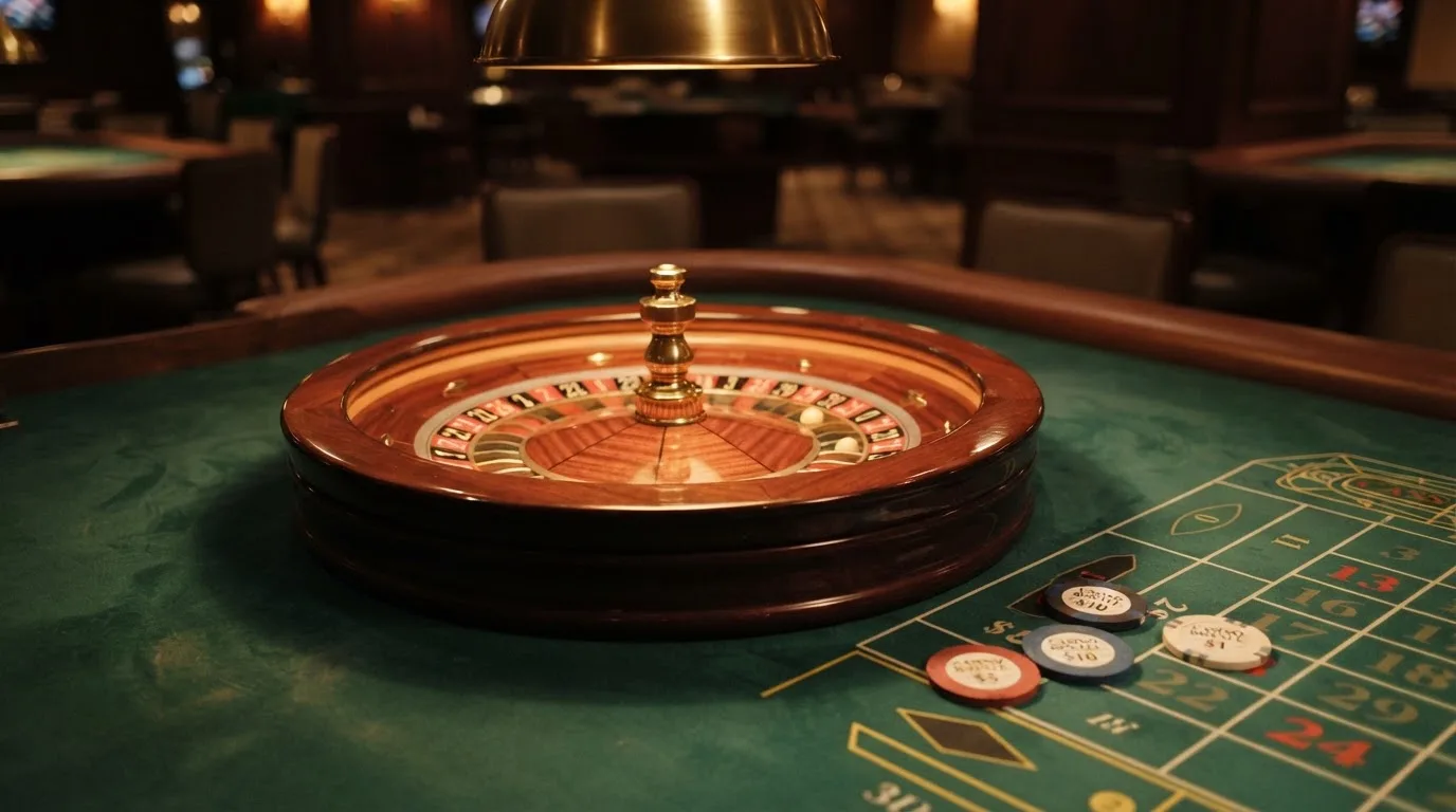 Kotač ruleta i žetoni na zelenom suknu pod toplim večernjim svjetlom — besplatni casina u hrvatskoj