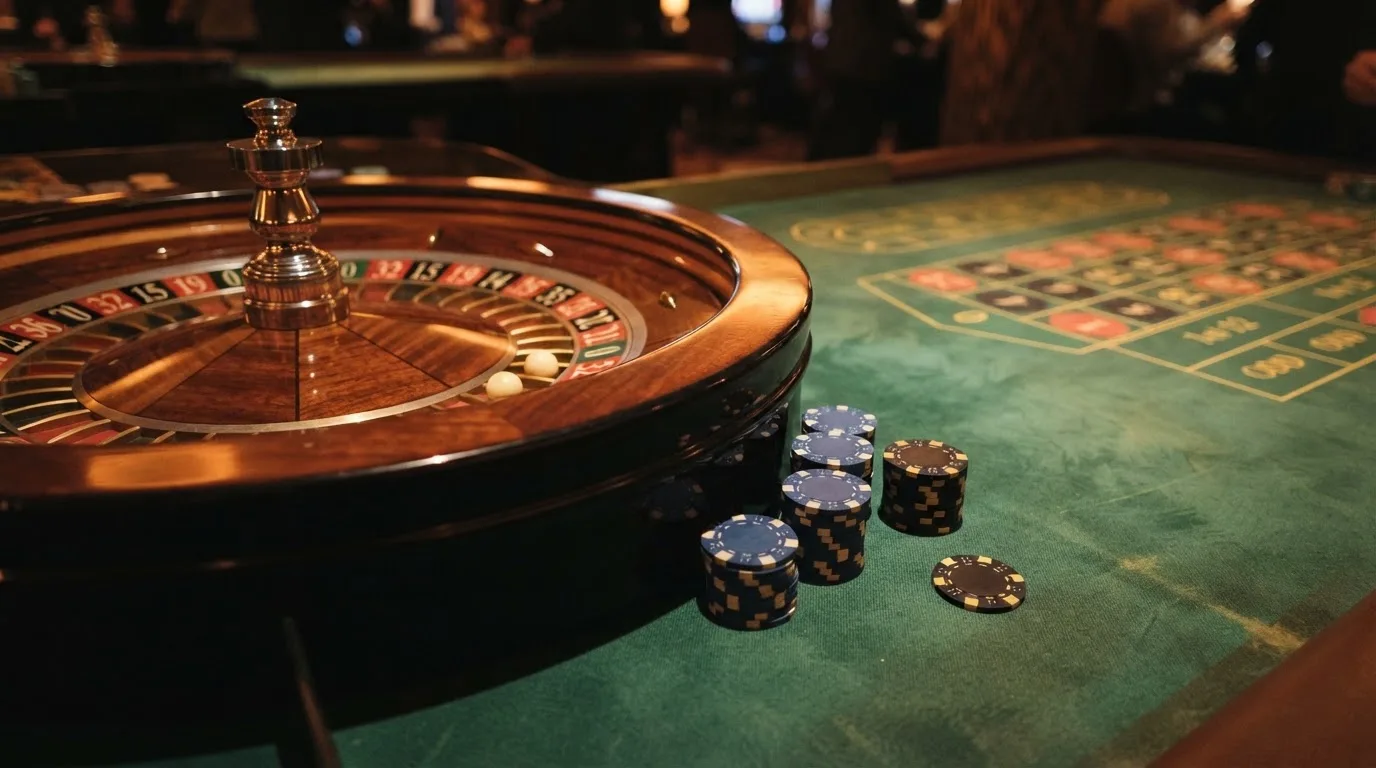 Kotač ruleta i žetoni na zelenom suknu pod toplim večernjim svjetlom — blackjack casina u hrvatskoj