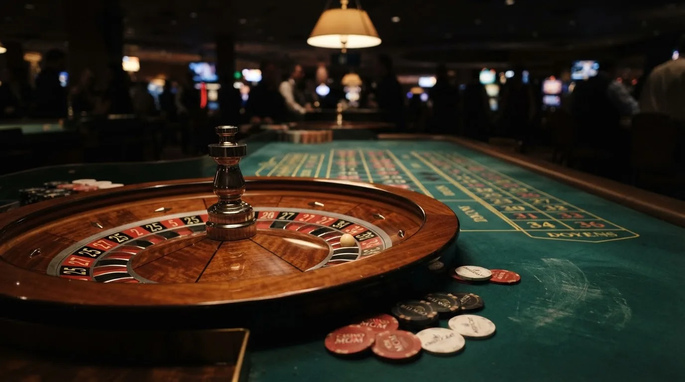 Kotač ruleta i žetoni na zelenom suknu pod toplim večernjim svjetlom — bonusi bez depozita u kasinu