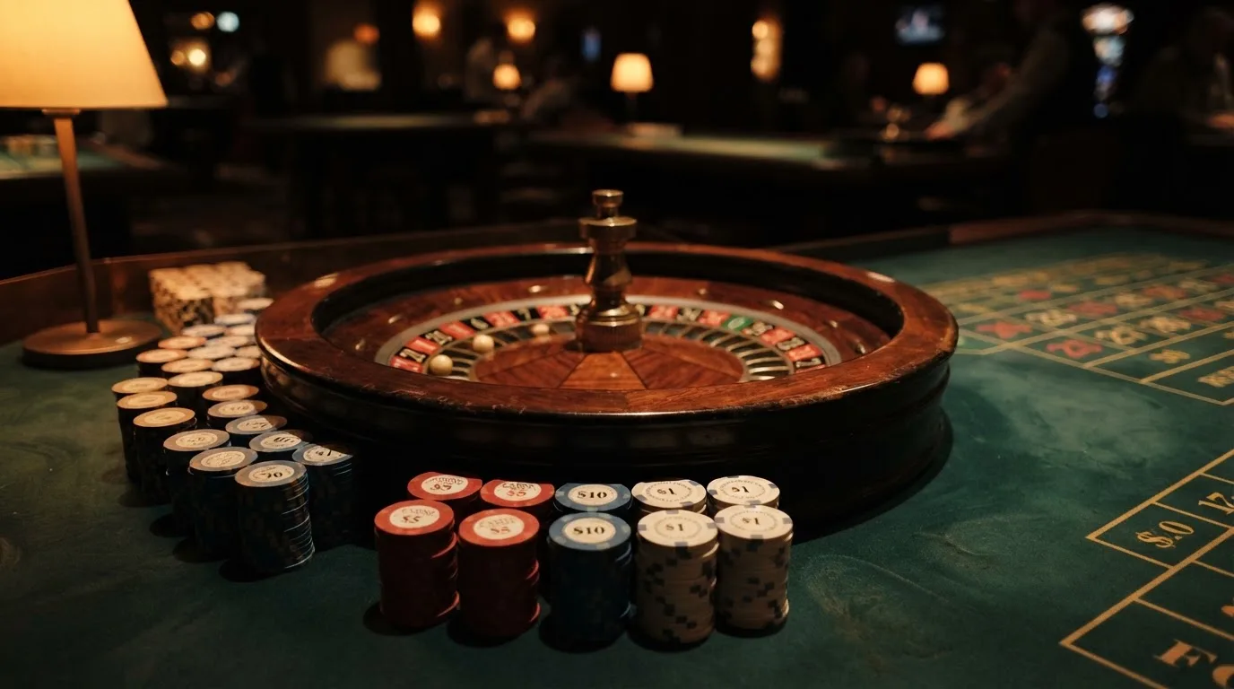 Kotač ruleta i žetoni na zelenom suknu pod toplim večernjim svjetlom — casina za android u hrvatskoj
