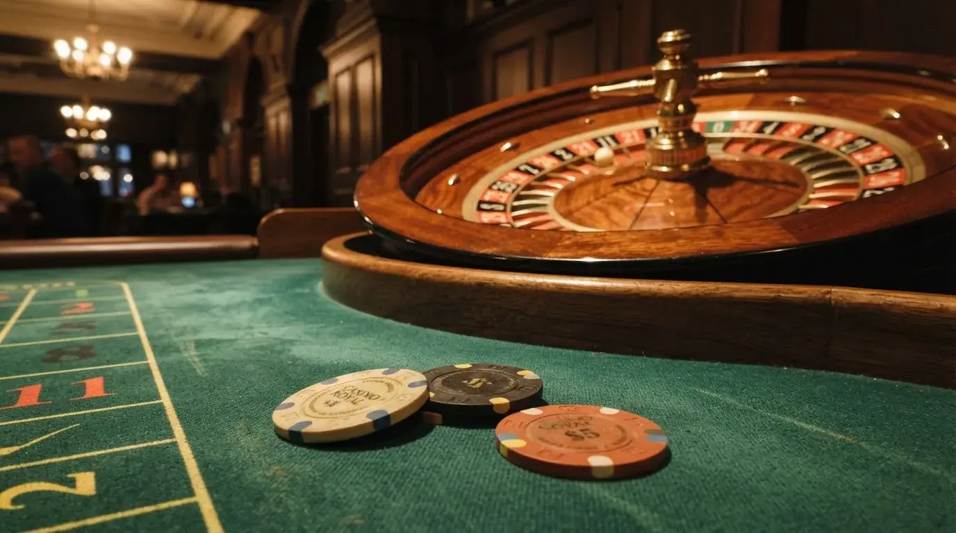 Kotač ruleta i žetoni na zelenom suknu pod toplim večernjim svjetlom — casina za iphone u hrvatskoj