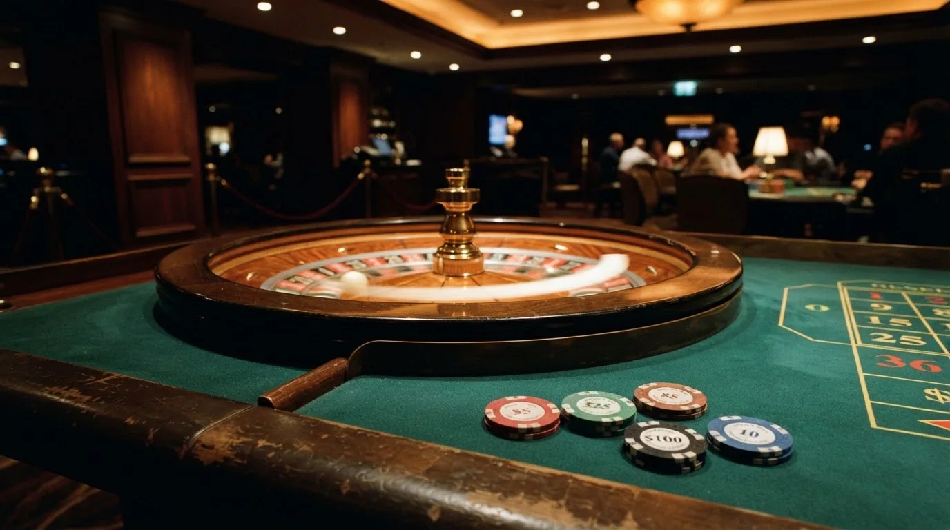 Kotač ruleta i žetoni na zelenom suknu pod toplim večernjim svjetlom — casino aparati u hrvatskoj