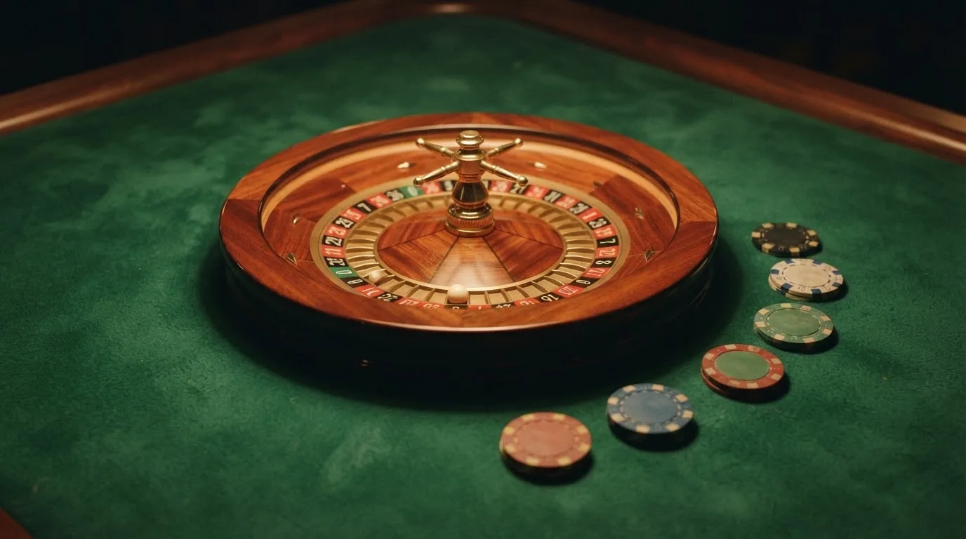 Kotač ruleta i žetoni na zelenom suknu pod toplim večernjim svjetlom — casino bez registracije u hrvatskoj