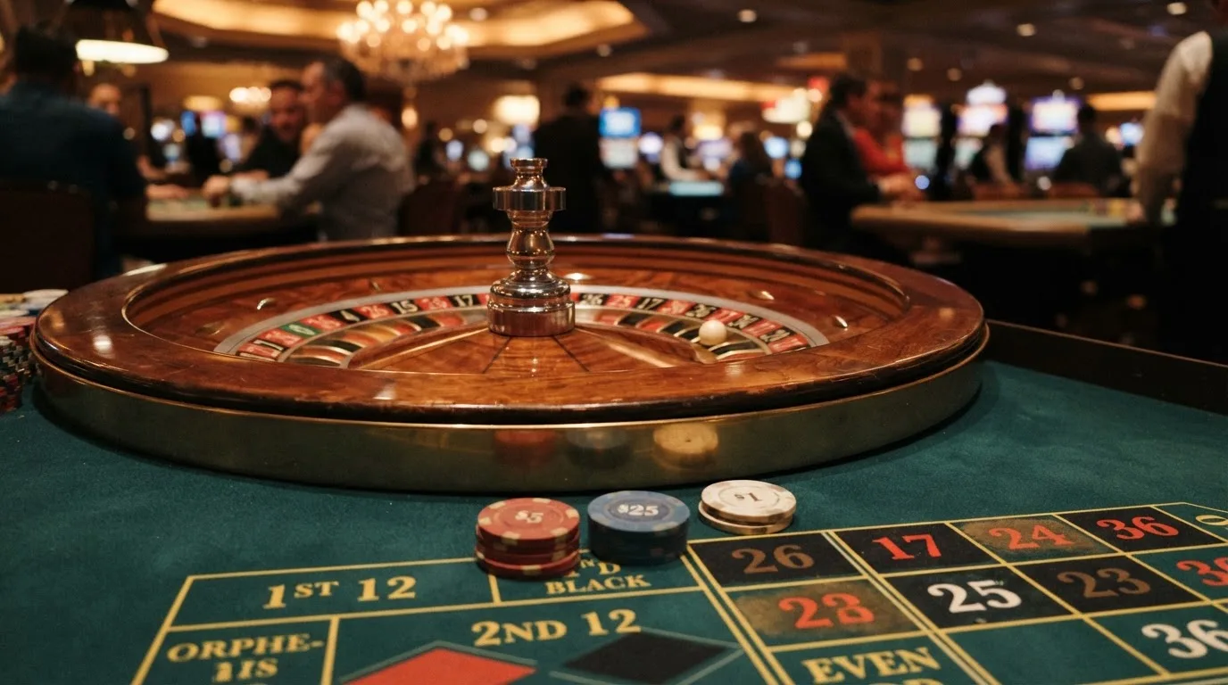 Kotač ruleta i žetoni na zelenom suknu pod toplim večernjim svjetlom — casino igre u hrvatskoj