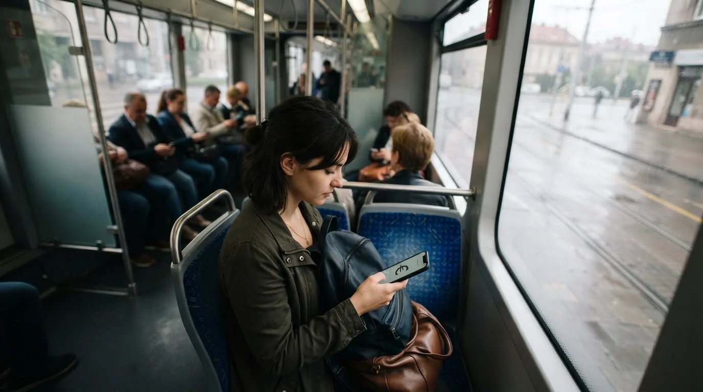 Žena u zagrebačkom tramvaju drži pametni telefon, putnici u pozadini zamućeni, dnevno svjetlo kroz prozore.