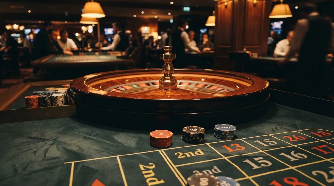 Kotač ruleta i žetoni na zelenom suknu pod toplim večernjim svjetlom — casino s apple pay u hrvatskoj