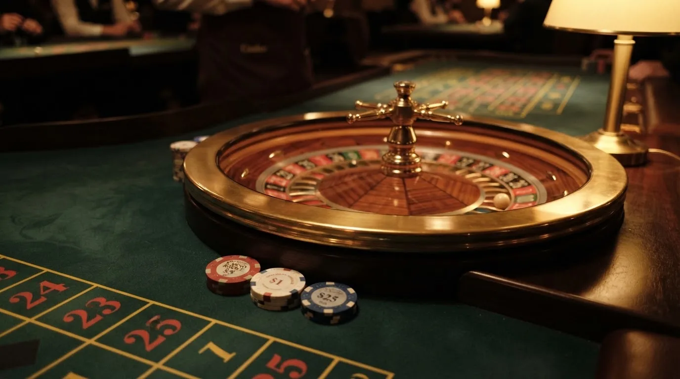 Kotač ruleta i žetoni na zelenom suknu pod toplim večernjim svjetlom — casino s bankovnim transferima