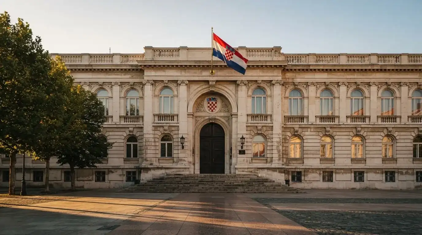Fasada državne zgrade s lukovima i hrvatskom zastavom u sjaju poslijepodneva, bez ljudi.