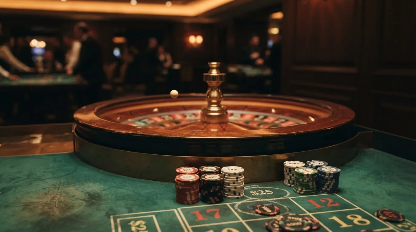 Kotač ruleta i žetoni na zelenom suknu pod toplim večernjim svjetlom — casino stranice u hrvatskoj