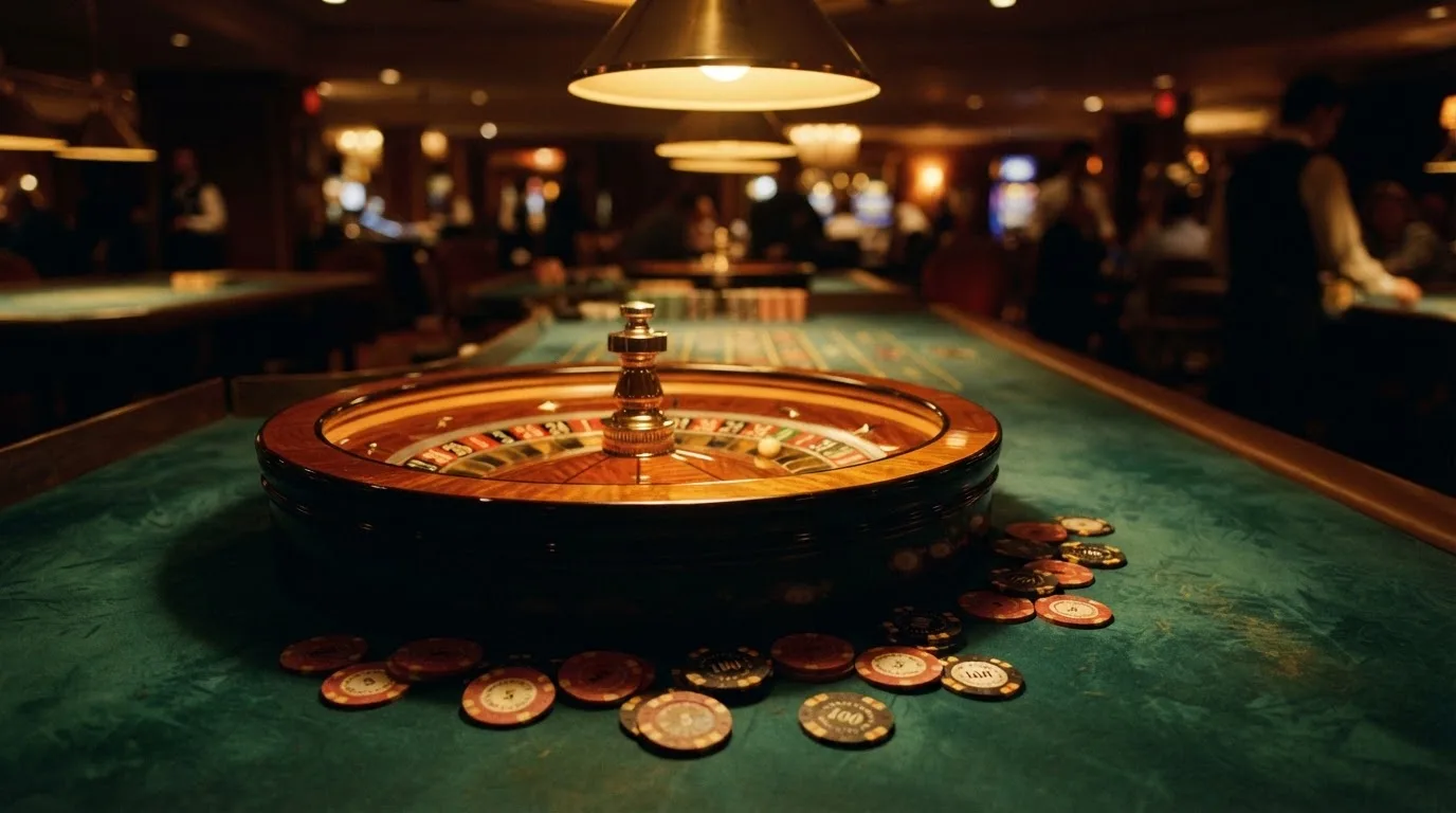 Kotač ruleta i žetoni na zelenom suknu pod toplim večernjim svjetlom — ethereum casino u hrvatskoj