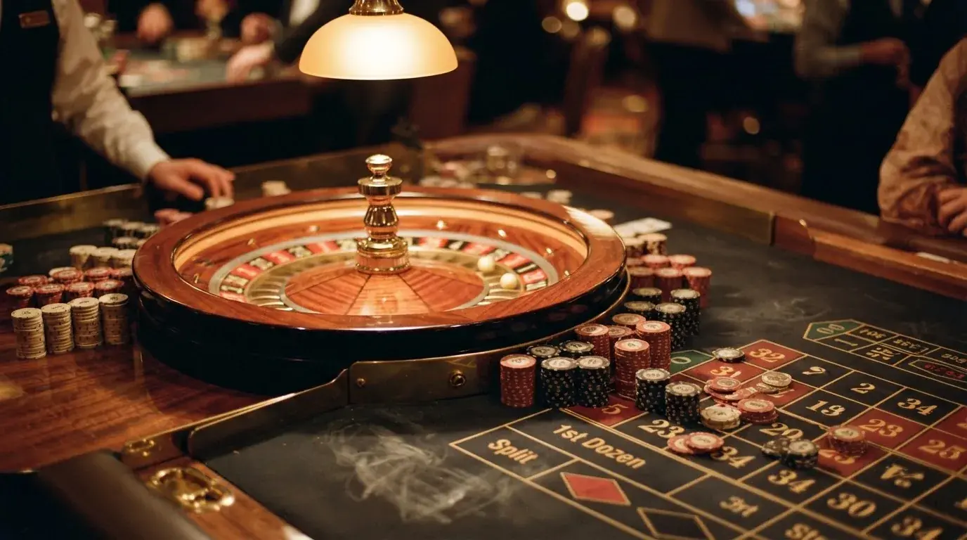 Kotač ruleta i žetoni na zelenom suknu pod toplim večernjim svjetlom — igrati blackjack u hrvatskoj