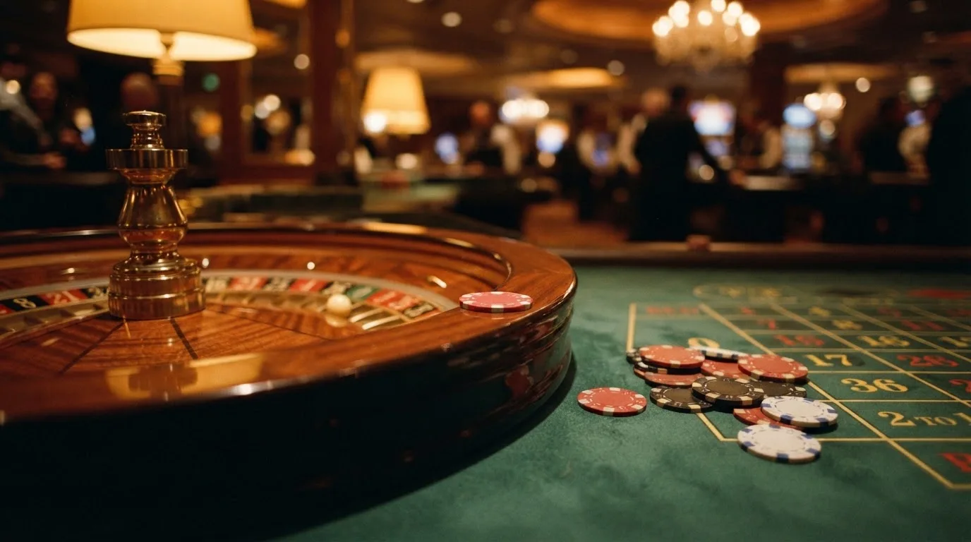 Kotač ruleta i žetoni na zelenom suknu pod toplim večernjim svjetlom — kombinacije za rulet