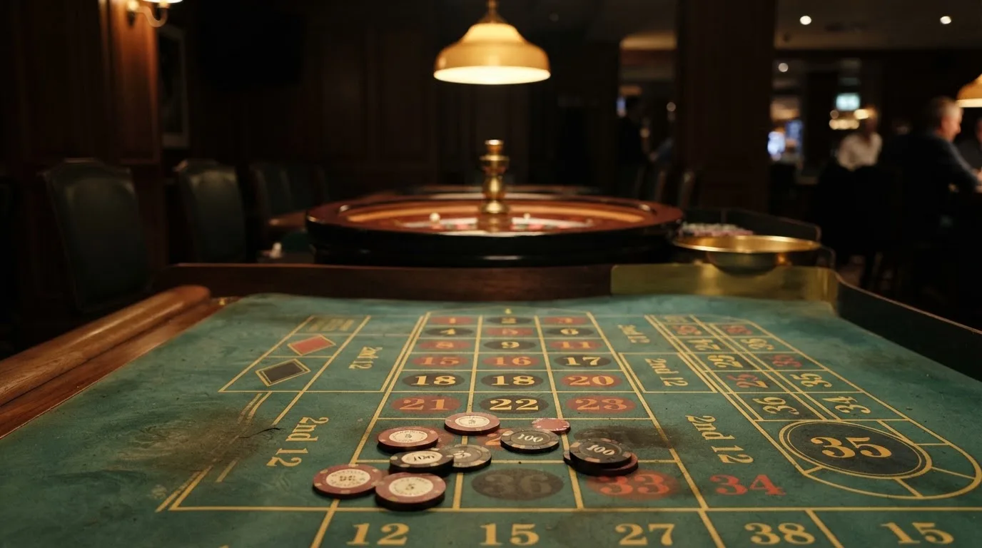 Kotač ruleta i žetoni na zelenom suknu pod toplim večernjim svjetlom — litecoin casino u hrvatskoj