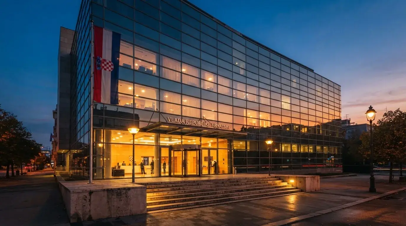Fasada moderne državne zgrade u Zagrebu s ravnim staklenim pročeljem i hrvatskom zastavom, snimljena u sumrak.