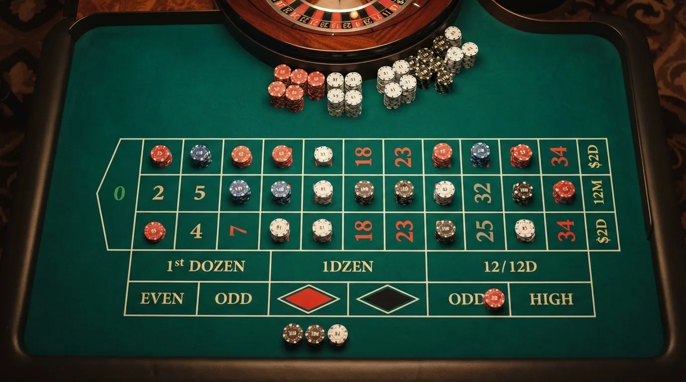 Pogled odozgo na zeleno sukno ruleta sa žetonima različitih boja složenim u male stupce, pod toplim svjetlom.